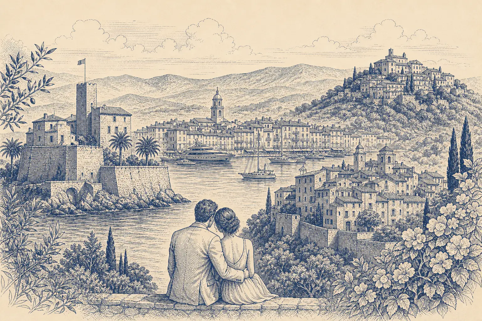 Artwork celebrating Antibes, Saint-Tropez, Aix-en-Provence, Crillon-le-Brave, Châteauneuf-du-Pape, L'Isle-sur-la-Sorgue, Gorges du Verdon, Moustiers-Sainte-Marie, Saint-Paul-de-Vence
